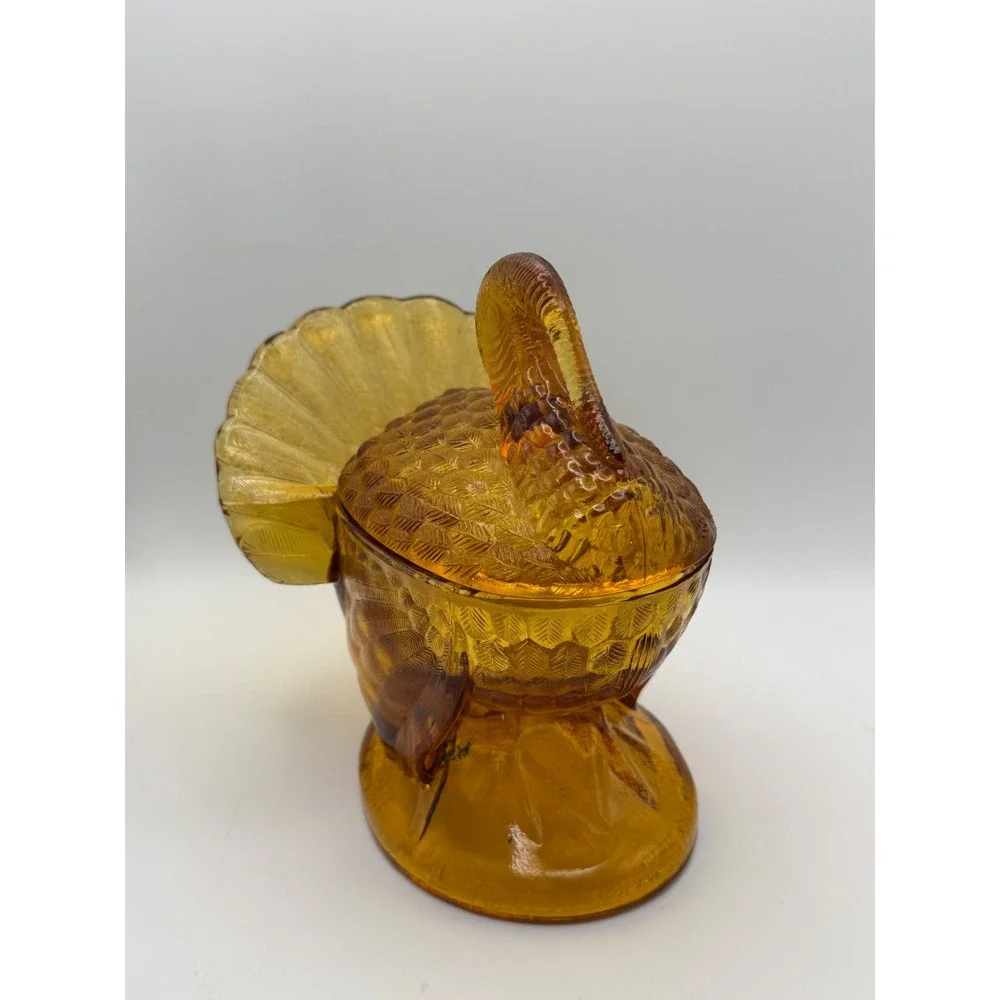 Vintage L.E. Smith Amber Pressed‎ Glass Turkey Candy Dish Lidded Harvest Decor